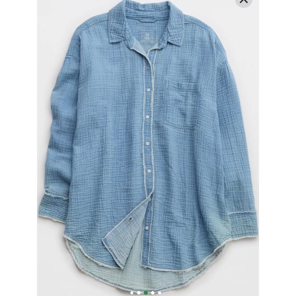 Aerie Blue Cotton Gauze Oversized Beach Swim Cover Up Shirt Size Large - Picture 11 of 12